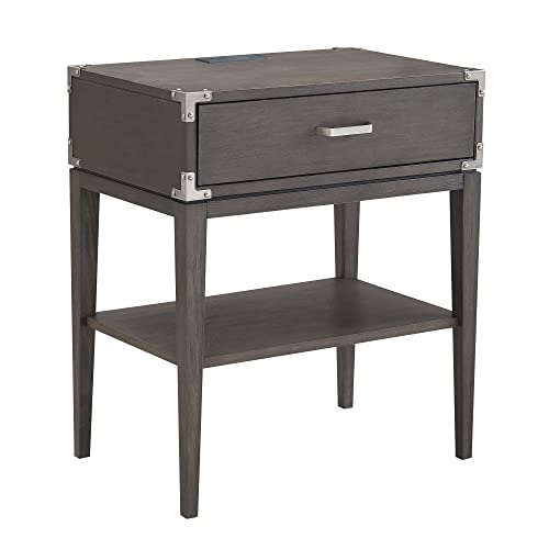 Image of Leick Home 24022 Beckett Nightstand Side Table One Drawer Rustic USB-C Fast Charging Station, A /C and USB Charging Port Integrated Durable Solid Wood Living Room, Bedroom, Office, Anthracite /Pewter