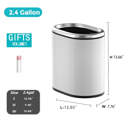 Image of 2.4 Gallon Small Kitchen Trash can, White and Silver Garbage Can, Open Top, Narrow Tiny Waste Basket, for Near Desk Bathroom Bedroom Office Hotel Home (White)