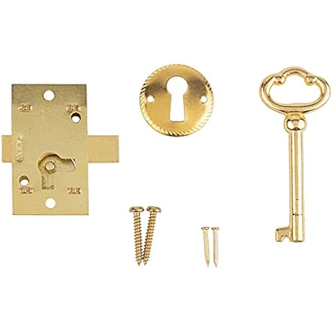 L-1B SMALL GRANDFATHER CLOCK DOOR FLUSH MOUNT CABINET DOOR LOCK OR & SKELETON KEY BRASS PLATED STEEL Cover