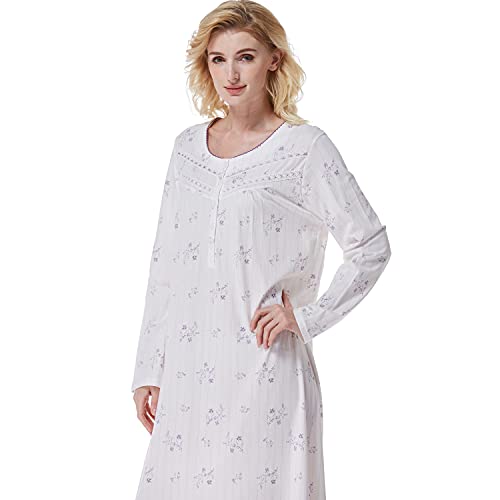 Keyocean Nightgown For Women, Soft 100% Cotton Lightweight Long-Sleeve Older Ladies Nightdress, Purple Floral, Large #TOP7