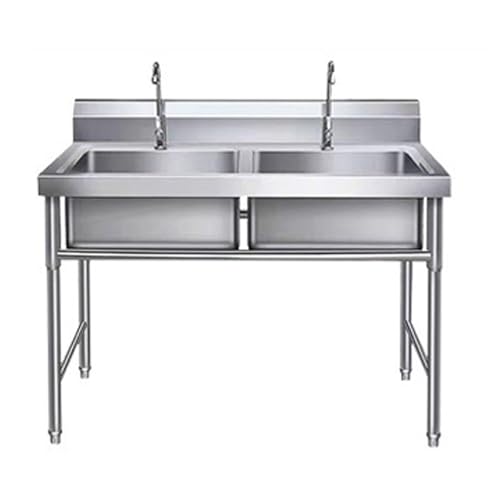 Fregadero comercial, doble cuenco independiente de acero inoxidable con grifo, ideal para restaurante, patio, bar, lavandería