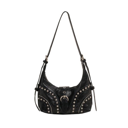 Hesaco Studded Shoulder Bags Grunge Purse for Women Faux Leather Hobo Purse Y2k Dumpling Bag Summer 2000s Streetwear (Black,Small)