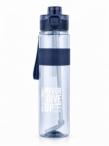 Image of Sports Water Bottle with Straw & Carry Strap | Leakproof BPA-Free Gym Bottle | Flip Lock Lid | MOTIVATIONAL NEVER GIVE UP BOTTLE | Office, School, Gym & Travel (Blue)