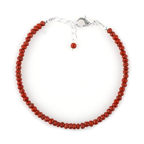 CRYSTALINES Natural Red Jasper Gemstones Beads Dainty Bracelets, Handmade, Beaded Crystals Jewelry, Women Bracelet, Bohemian, Silver Plated, Adjustable Chain-7+1inch, AAA Grade
