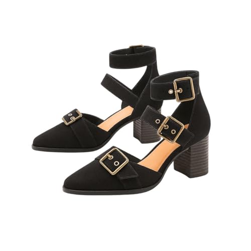 Womens Pointed Toe Chunky Heels with Metal Buckle, Ankle Strap Western Stacked Heel Sandals for Women Strappy Medium Thick Wedge Shoes