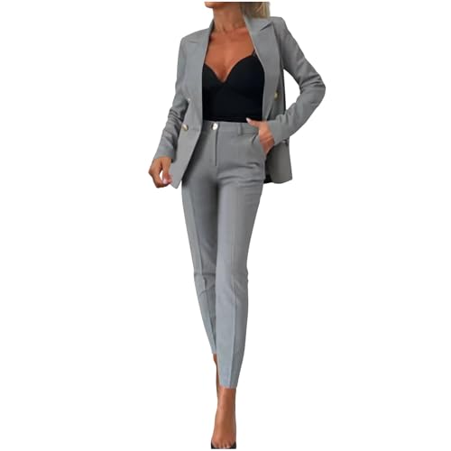 2025 Hosenanzüge Damen Elegant Curvy Sommer Hosenanzug Business Anzug Set Zweiteiler Einfarbig Blazer Hose Festlich Lange Hosenanzüge Sportlich Slimfit Streetwear Frauen Baumwolle Freizeitanzug