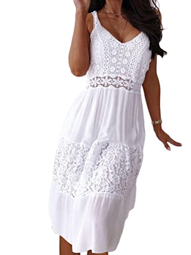 shownicer Damen Spitzen Sommerkleid V-Ausschnitt Ärmellos Mini Kleider...