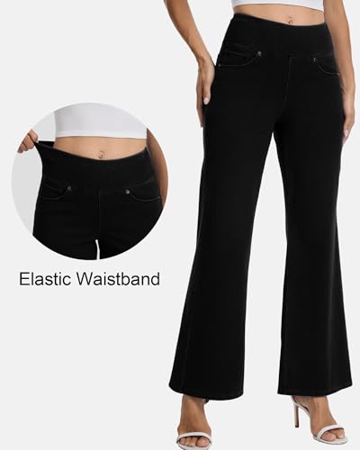 Amzdora Women’s High Waisted Wide Leg Jeans Pull On Stretch Denim Pants Tummy Control Flare Leggings Pants with Pockets, Black, Size 10 - image 6