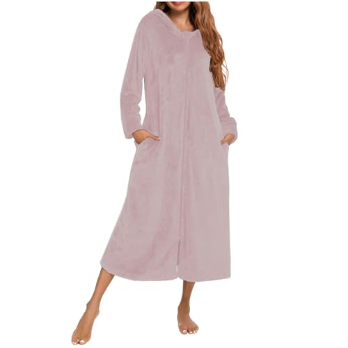 2026 Albornoz de mujer suave de franela con mangas largas y cremallera, acogedora ropa de salón de forro polar con bolsillos, manta portátil para relajarse en casa, café, S