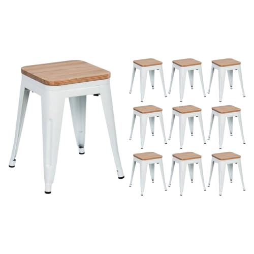 THINIA HOME Pack 10 Taburetes Bajos Industriales Apilables de Acero y Madera 38x38x46cm