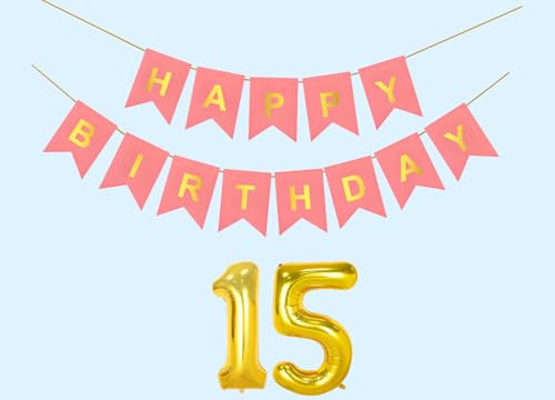 Image of 15th Happy Birthday Decoration Kit Light Pink for 15 year Old Boys Girls Teenage with Number Fifteen Party Decorations Decor Celebration Items Item Set Combo Reusable Paper Banner