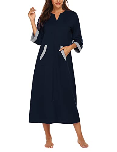 Image of Ekouaer Women Zipper Robe 3 /4 Sleeves Loungewear Dress Full Length Sleepwear Pockets Housecoat Nightgown Long Bathrobe