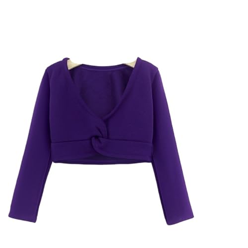 Girls Classic Thick Ballet Long Sleeve Wrap Top Velvet Inner Winter Warm Up Cardigan Shrug Front Knot Dress Cover Up for Pilates Yoga Workout(Purple,L(120-140cmHeight))