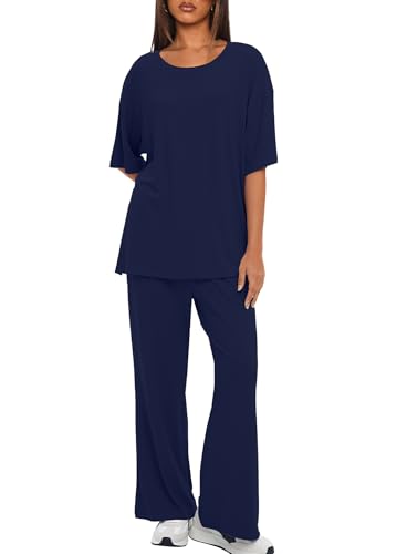 Image of Darong Women's Two Piece Sets Casual Short Sleeve Top Wide Leg Pants Lounge Matching Set Travel Vacation Airport Outfits
