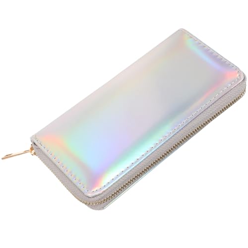 Sparkly Evening Purses for Women, Silver Cluth Purse, PU Leather Long Holographic Wallet with Zipper Coin Pocket and Card Holder, Slim Envelope Cluth Bag for Parties, Daily Use