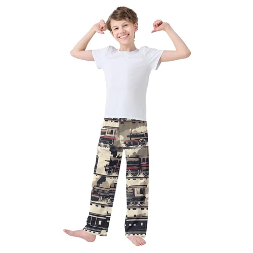 ZZXXB Retro Steam Train Boys Long Pants Soft Trousers Elastic Waist Kids Lounge Bottoms with Pockets S-XL3