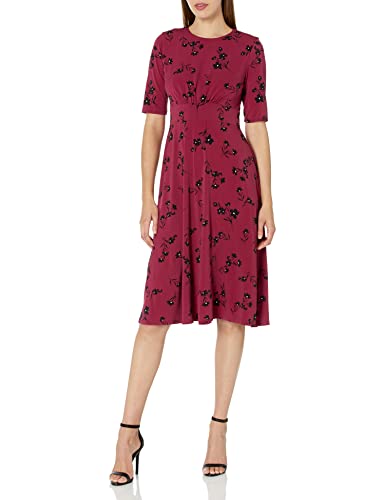 London Times Vestido Acampanado de Manga Corta con Cintura Fruncida para Mujer, Frambuesa/Negro, 42