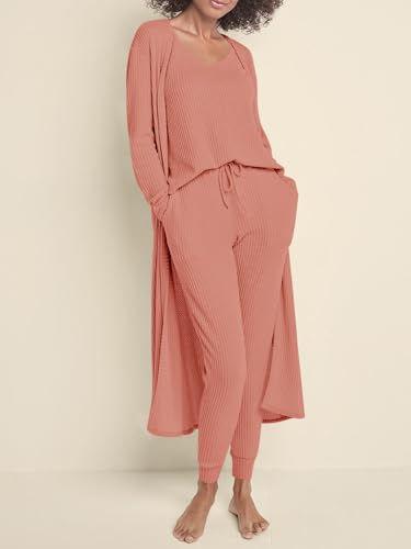 Image of Eurivicy Womens Lounge Set Waffle Knit 3 Piece Pajama Sets Tank Tops Loose Pants with Long Cardigan Loungewear 2026