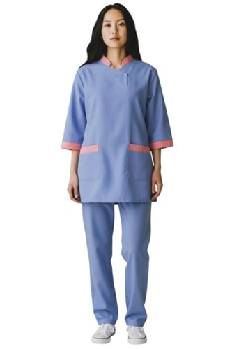 Professional Housekeeping Uniform Set 3/4 Sleeve Top and Pants Mandarin Collar housekeeping uniform dress housemaid dress (blue m)