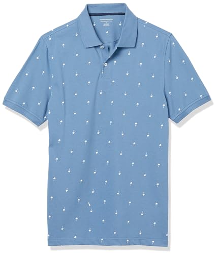Amazon Essentials Men's Slim-Fit Short-Sleeve Cotton Pique Polo Shirt, Blue Palm Tree Print, Large