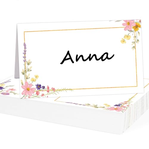 50 cartões de mesa para casamentos e celebrações, 85 x 55 mm, design de flores, cartões de lugar para escrever sozinho