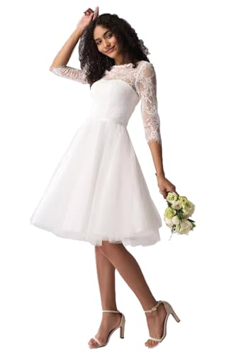 Beyonddress Robe de mariée midi en tulle pour mariée - Longueur du thé - Style bohème - Dentelle - Avec manches - Pour femme, K-ivoire, 34