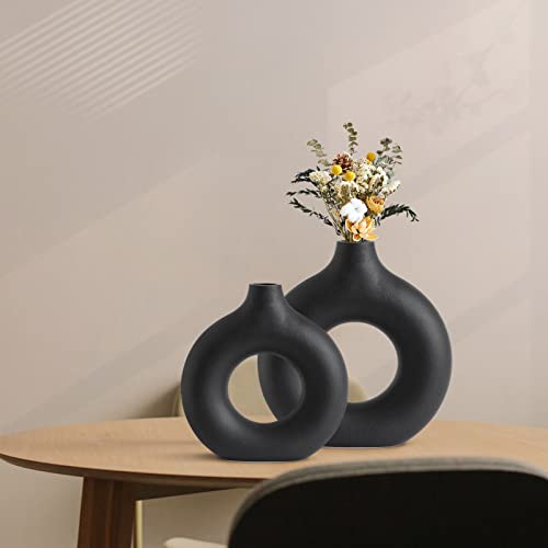 Ceramic Donut Vase Set 2, Vases For Modern Home Decor, Round Matte Pampas Flower Vases Minimalist Nordic Boho Ins Style For Wedding Dinner Table Party Living Room Office Bedroom, Decorative Gift #TOP4