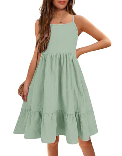Image of Arshiner Girl's Summer Sundress Spaghetti Strap Solid Linen Midi Dress Casual Cami Dresses