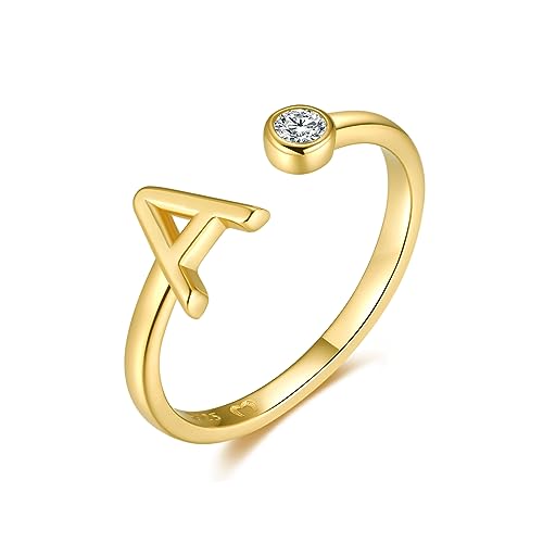 MARLION JEWELS Anillo abierto de mujer en plata de ley con tu letra inicial y una circonita blanca. Anillo plata mujer con acabado plateado o dorado. Joyería ideal para parejas, amigas.