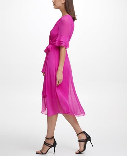 Image of DKNY Women's Ruffle Sleeve Surplice Tie Fit & Flare Midi Dress