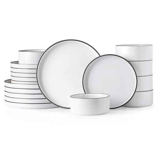 LeRatio Dinner Set for 6, 18 Piece Stoneware Plates and Bowls Set, Chip and Scratch Resistant Dinnerware Set, Oven & Dishwasher & Microwave Safe Crockery Set (White-Black Rim, Service for 6)