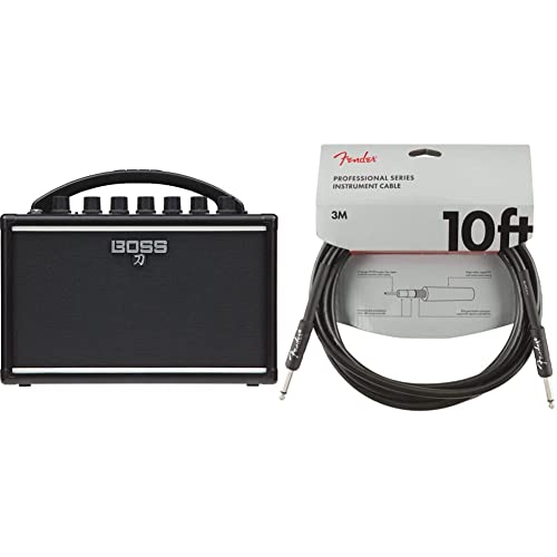Amplificador de Guitarra portátil BOSS KTN-Mini Katana — Un Amplificador Compacto y superportátil a Pilas; Sonido nítido y Redondo + Fender Professional Series Cable de transmisión (3 m), Color Negro