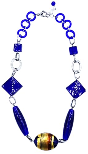 Collier en verre antique Murrina Venise bleu acier inoxydable pendentif femme L