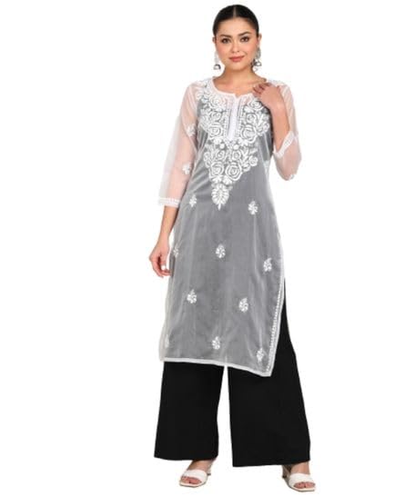 VahsonWomen's Hand Embroidered White Organza Lucknowi Chikankari Kurta Without Slip
