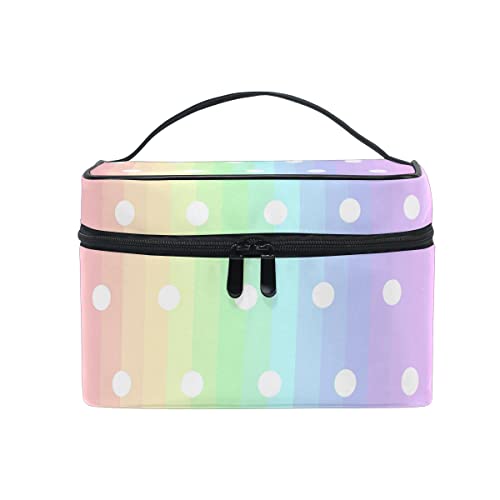 Bolsa de maquillaje, diseño de rayas de arco iris colorido con lunares, almacenamiento de artículos de tocador grandes con asa de viaje, compartimentos personalizados para adolescentes, mujeres,
