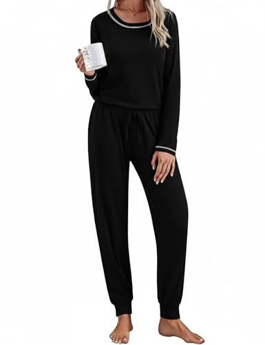 Aseniza Pijama Mujer Invierno Algodón Conjunto de Pijamas Largo Manga 2 Piezas Larga Ropa de Dormir Tallas Grandes Suave y Cómodo Negro, L