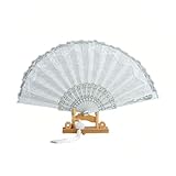 Chinshwehaw 1920s Vintage Bridal Lace Fan, Foldable Floral Embroidery Hand Fan with Gold Glitter & Tassels - Wedding Dance Tea Party Gift for Women, Mother, Bride, Compact Retro Cosplay