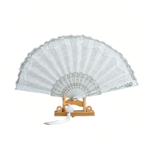 Chinshwehaw 1920s Vintage Bridal Lace Fan Foldable Floral Embroidery Hand Fan with Gold Glitter & Tassels - Wedding Dance Tea Party Gift for Women Mother Bride Compact Retro Cosplay