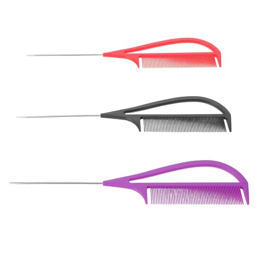 Healeved Peignes à Crêper en Métal 3 Pièces Aiguilles Pointues, Peignes à Longue Queue Violets et Noirs, pour Séparation Précise des Cheveux, Coiffure Professionnelle, Usage Salon