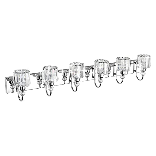 Image of Ralbay 6-Lights Stainless Steel Crystal Bathroom Vanity Lights Over Long Mirror Modern Crystal Vanity Lighting Fixtures for Bathroom