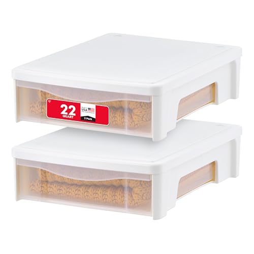 IRIS USA 22 Qt Under Bed Storage, Stackable Organizer Bin Plastic Container with Sliding Drawer, 2 Pack, Multi-Purpose for Clothes, Shoes, Bedding, White