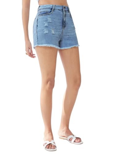 Image of Miss Chase Women's White Regular High Rise Clean Look Regular Stretchable Denim Shorts