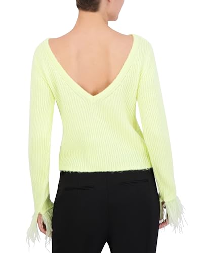 Image of BCBGMAXAZRIA Women's Boat Neck Long Sleeve Feather Cuff Sweater Top