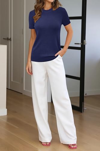 Image of Arach&Cloz Women's Lightweight Wool Blend Short Sleeve Sweater Top Business Casual