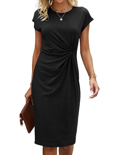 GORGLITTER Damen Kleid Knielang Sommerkleid Kurzarm Kleider mit Zwirn Rundkragen T Shirt-Kleid Elegant Damenkleider Bürokleid Freizeitkleid...