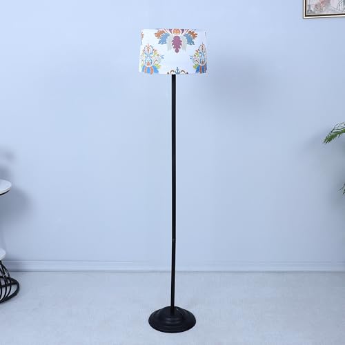Image of tu casa Black Metal-Iron Base Foldable Floor Lamps with English Oak Print & Satin Shade for Bedroom, Living Room, Lounge, Office Area, Gifting Without Bulb for Home Decoration (Height - 53 inch)