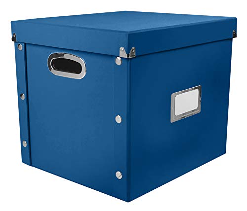 Image of Snap-N-Store 12 In Vinyl Record Box, LP Holder with Lid, Classic Blue | Collapsible crate holds up to 75 vinyl albums, snaps together for easy assembly, stylish shelf display