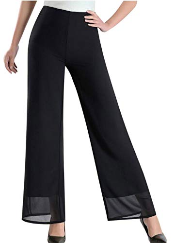 Womens Chiffon Straigh Elastic Waist Fold-Over Flare Wide Leg Slinky Boho Palazzo Pants Black Regular 10