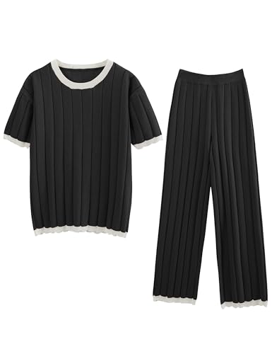 Image of Lumister Two Piece Sets for Women Sweater Sets Short Sleeve Knit Pullover Tops Wide Leg Pants Lounge Sets
