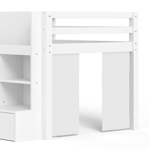 Image of Twin XL Size Low Loft Bed for Kids with Storage Shelves, Play Curtain & Chalkboard,Space-Saving Design,No Box Spring Needed (White-TX)